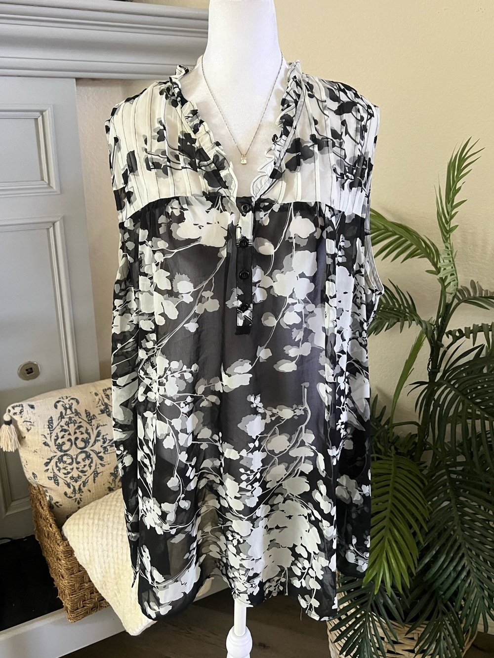 Susan Graver Sheer Black and Cream Floral Blouse